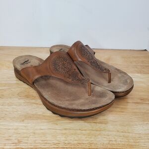 Dansko Brown Leather Embroidered Thong Sandals